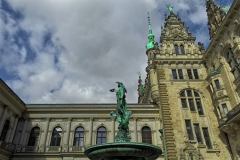 Partial view of the Hygieia fountain in the courtyard of Hamburg City Hall, with the figure of