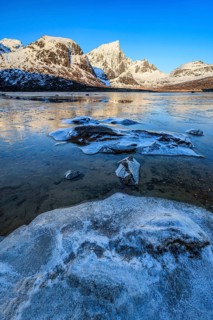 Icy fjord in front of steep mountains, morning light, winter, Flakstadoya, Lofoten, Norway