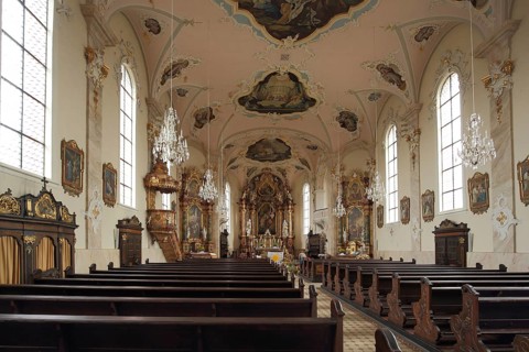Interior view of Baroque St. Martin Church, Riegel, Kaiserstuhl, Breisgau, Baden-Württemberg,