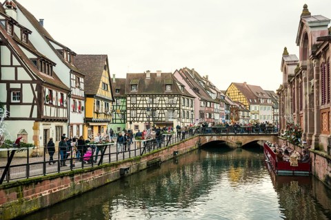 Christmassy decorated half-timbered houses, Old Town, Colmar, Haut-Rhin Department, Alsace, France