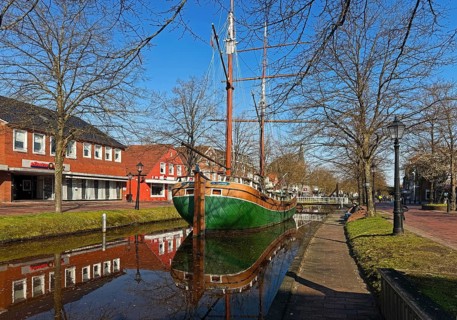 Open-air shipping museum on the main canal with the museum ship Kuff Margaretha von Papenburg,