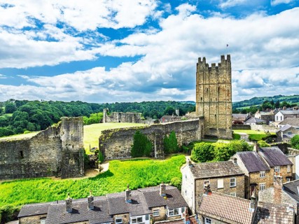Richmond Castle from a drone, Richmond, Yorkshire Dales, North Yorkshire, England, United Kingdom