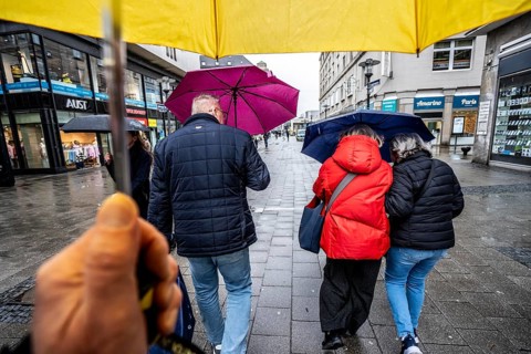 Passers-by in a pedestrian zone, Kettwiger Straße, rainy weather, with umbrella, city center,