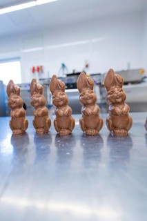 Row of chocolate bunnies on a metal table in a kitchen, Easter baking and chocolate moulding at