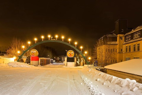 Arch of lights in snow, but not the world's largest, Gelenau, Ore Mountains, Saxony, Germany