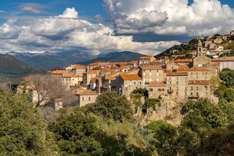 City view with Sainte-Marie church in Sartene, Corsica, France