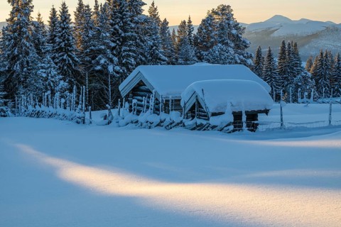 Snowy mountain huts, Övre Kvebergsvangan, Alvdal, Hedmark, Innlandet, Norway, January 2026
