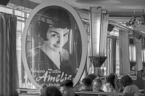 Poster at Café des Deux Moulins, filming location of the movie The Fabulous World of Amélie, black