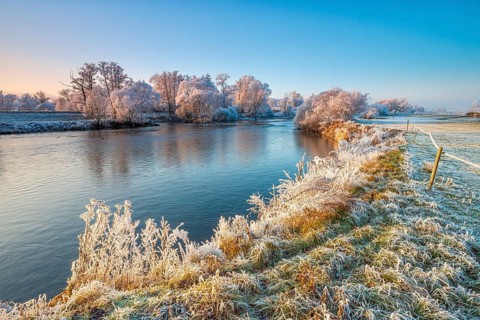 Landscape on the river Eder in winter, trees, reeds and meadow covered with hoarfrost, near Bad