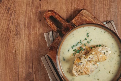 Chikhirtma chicken soup, Georgian dish, with lavash, top view, no people