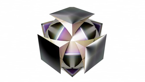 Intricate abstract 3D geometric metallic shape with a reflective surface, featuring soft