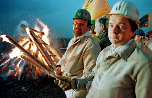 Miners from Ruhrkohle Ewald Colliery in Herten are demonstrating against further abolition of coal