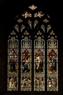 Stained glass window, former abbey church, Tewkesbury, Gloucestershire, England, United Kingdom