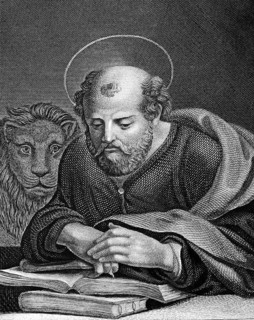 Portrait of St Mark, Evengelist Marcus, saints, lion, reading, bible, historical illustration 1854