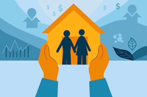 Two figures hold a house icon in their hands, symbolizing home ownership. Surrounding them are