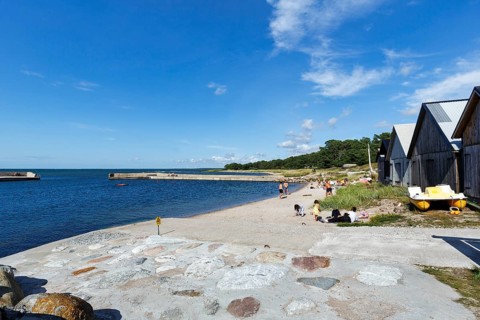 Traditional, modernized fishing village of Djupvik, also Djauvik, fishing spot with tourists in