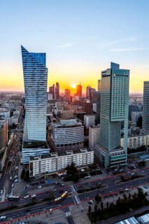Warsaw skyline high-rise properties in the city centre at sunset in Warsaw, Poland