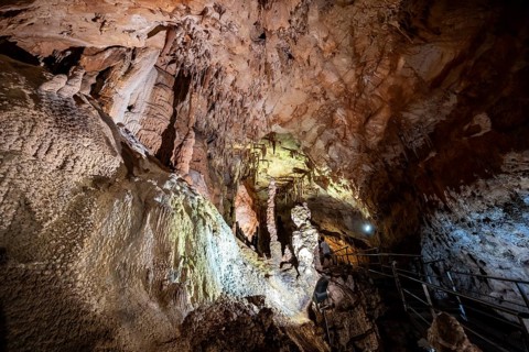 Stalactites and stalagmites, rock formations in a stalactite cave, Grotta del Fico, Gulf of Orosei,