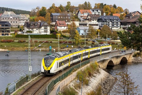Deutsche Bahn DB Regio regional train of the type Alstom Coradia Continental on the Dreiseenbahn in