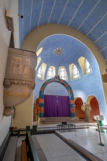 Interior with pulpit and Lenten cloth in front of the altar in St Stephen's Church, Art Nouveau