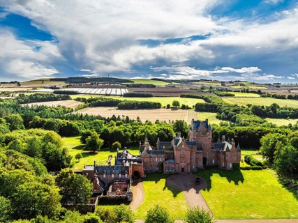 Ayton Castle from a drone, Ayton, Eyemouth, Scottish Borders, Scotland, UK