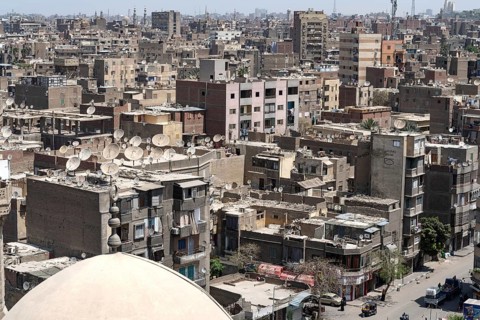 Cairo, Egypt. April 16th 2025. Aerial rooftop view of the densely populated Egyptian capital city