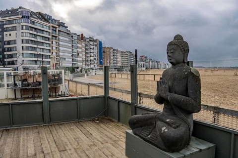Winter break, closed terraces of catering establishments on Zeedijk-Knokke, beach promenade in