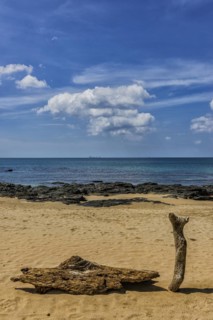 Wooden sculptures on the beach, clouds, blue sky, picturesque, travel photo, water, sea, ocean,