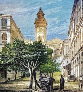 Street scene, Hong Kong, coloured wood engraving, reproduction of an original from c. 1888,