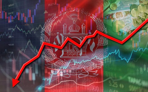 Afghanistan financial fall on economy market. Afghan financial crisis on economic graph