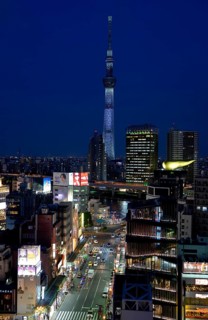 City view with the Skytree, with 634 meters the highest television tower of the earth, blue hour,