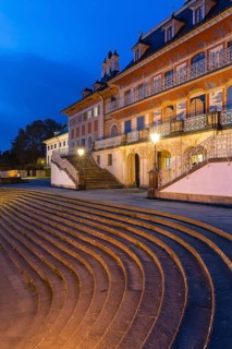 Staircase to the Elbe at the Water Palace of Pillnitz Castle at dusk, Dresden, Saxony, Germany