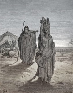 Abraham Sends Hagar and Ishmael Away, Old Testament, woodcut by Gustave Doré