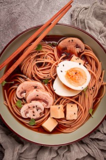 Asian soba soup, with mushrooms and egg, cheese, sesame seeds, homemade, no people