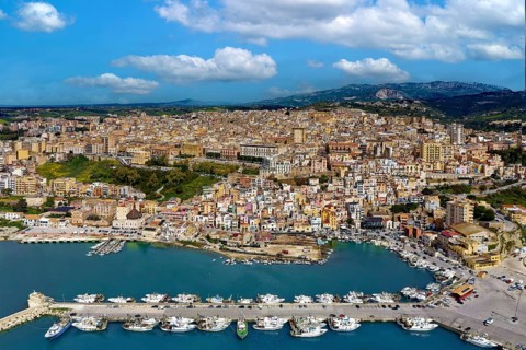 Aerial view, front harbor, fishing port, fishing boats, ships, back Sciacca, picturesque, port