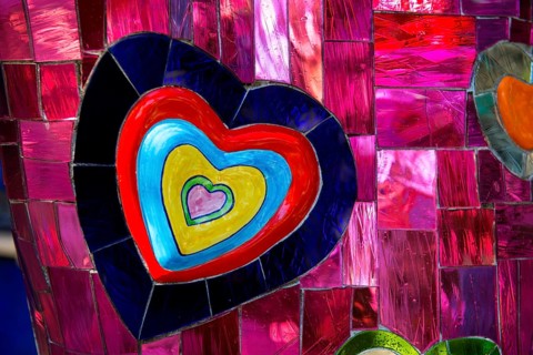 Colourful hearts made of glass and mirrors, Giardino dei Tarot, by Niki de Saint Phalle, near