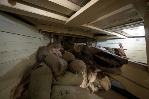 Seal skins, equipment, below deck, historic polar research ship Fram, wooden ship, by Fridtjof