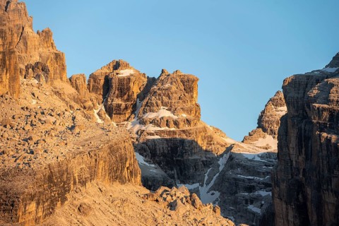 Detail, rocks and mountain peaks of the Brenta Mountains, evening mood with alpine glow, Brenta,