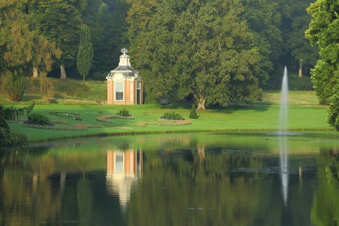 Pavilion and pond with water fountain, palace gardens, Rosendael Castle, Rozendaal, Veluwe,