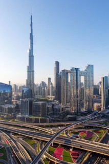 Burj Khalifa tallest building in the world from above in Downtown Dubai, United Arab Emirates
