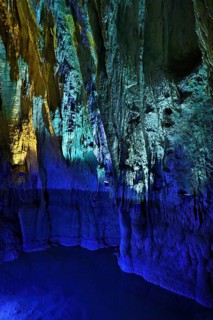 Stalactites illuminated by coloured LED light, stalactite cave, Höllgrotten, Baar, Canton Zug,