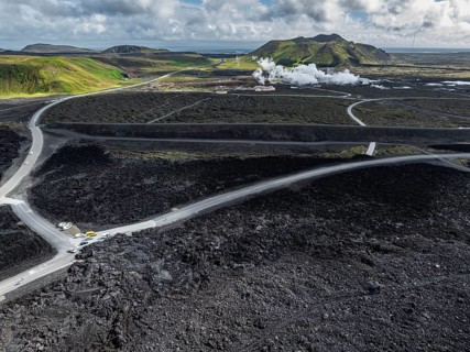 Lava, lava field, road, destroyed, summer, cloudy, sunny, aerial view, Blue Lagoon, Sundhnúkur