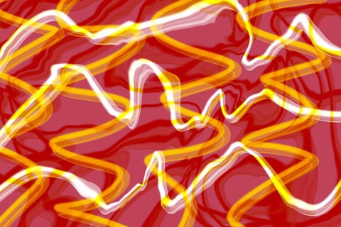 An abstract digital art piece featuring vibrant red and yellow waves dynamically intertwined. Ideal