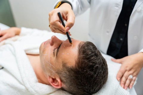 Doctor marking male patient's face with a pen for an upcoming cosmetic or plastic surgery procedure