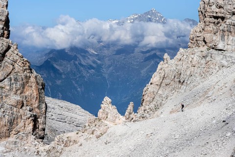 Three mountaineers in the mountains, Via Ferrate Benini Via Ferrate, Brenta Mountains,