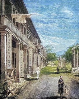 Street in Hong Kong, coloured wood engraving, reproduction of an original from ca 1888, historical,