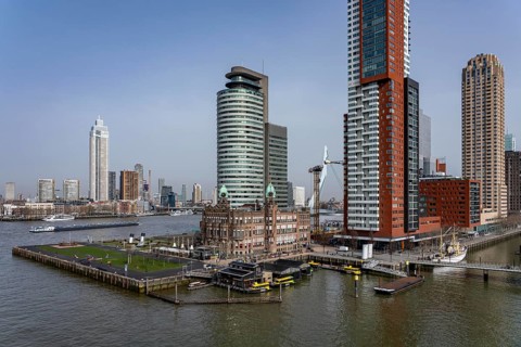 Kop van Zuid, Wilhelminapier, skyscrapers on the Nieuwe Maas, skyline of the city center, Holland