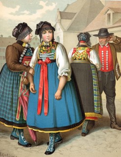 Traditional costumes in Germany around 1820, Bavaria, Dachau, Four people in traditional costumes