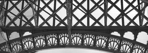 Detailed view of the Eiffel Tower, black and white, Paris, France
