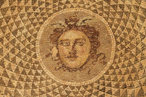 Mosaic with Medusa head surrounded by circular geometric patterns, Patras Archaeological Museum,